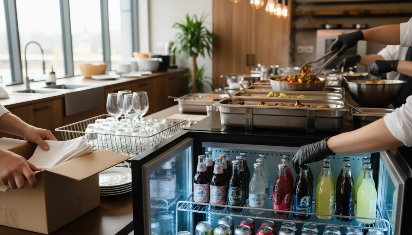 Cateringmedarbejder genopfylder buffet og køleskab med drikkevarer, mens rengjort service skylles og pakkes ned.