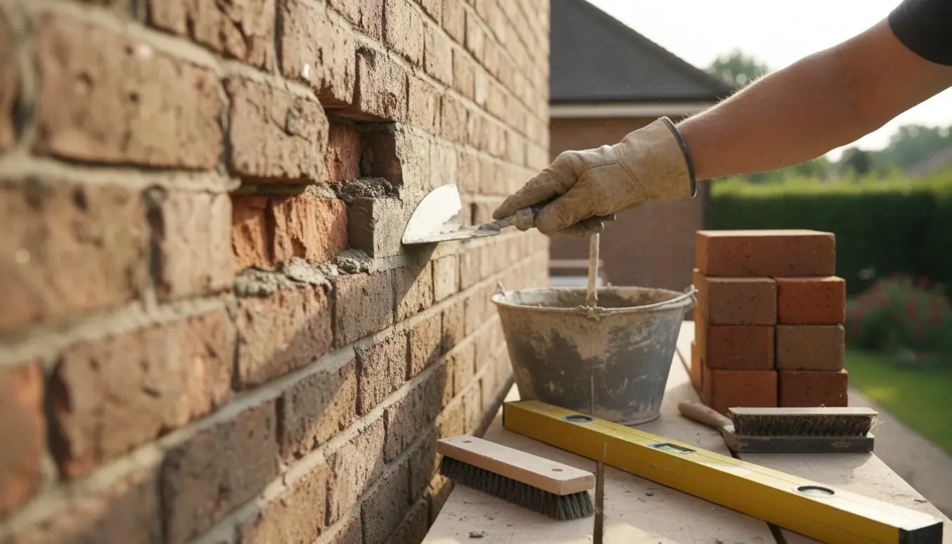 En murer reparerer en sydvendt mur med frisk mørtel og nye mursten i eftermiddagslys.