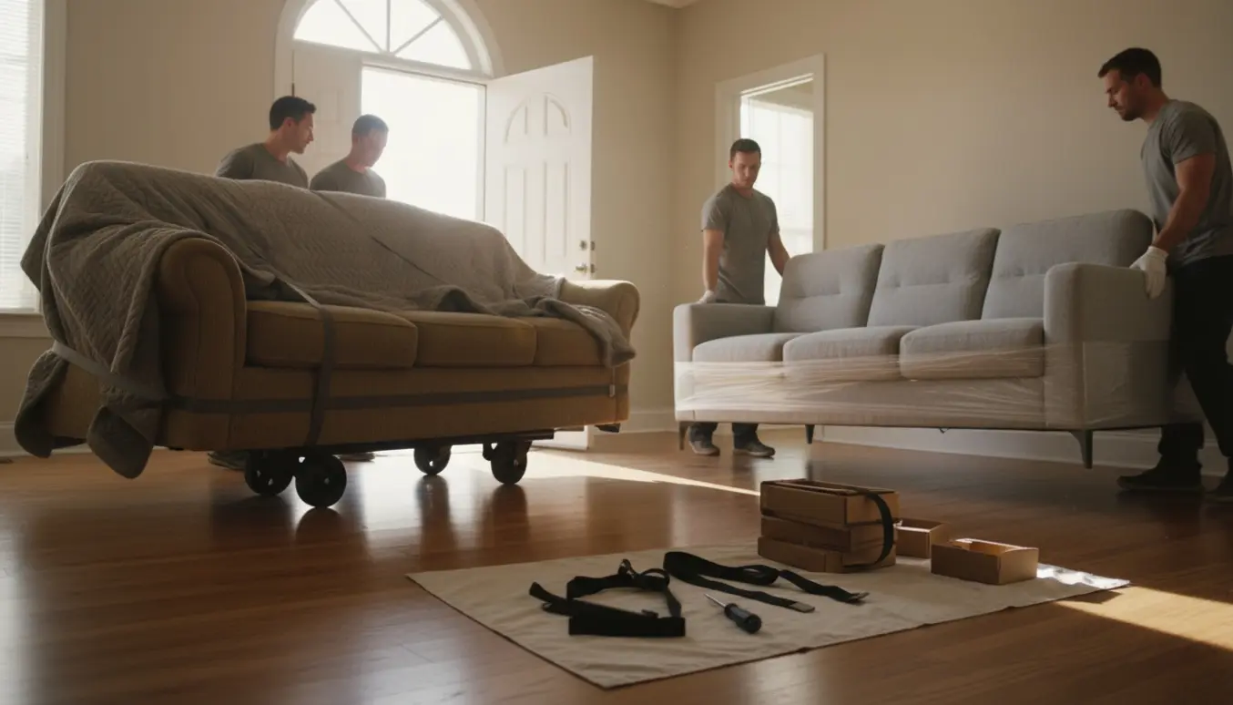 Stor U-sofa bæres ud på sækkevogn fra en lys entré, mens en ny sofa bæres ind og samles.