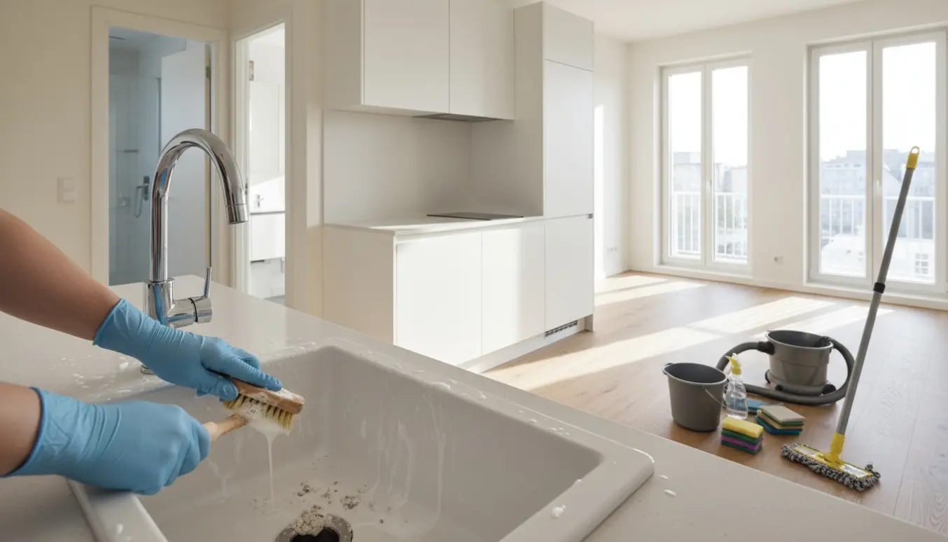 Handskerede hænder afkalker en køkkenarmatur i en lys, velordnet 32 m² fraflytningslejlighed.