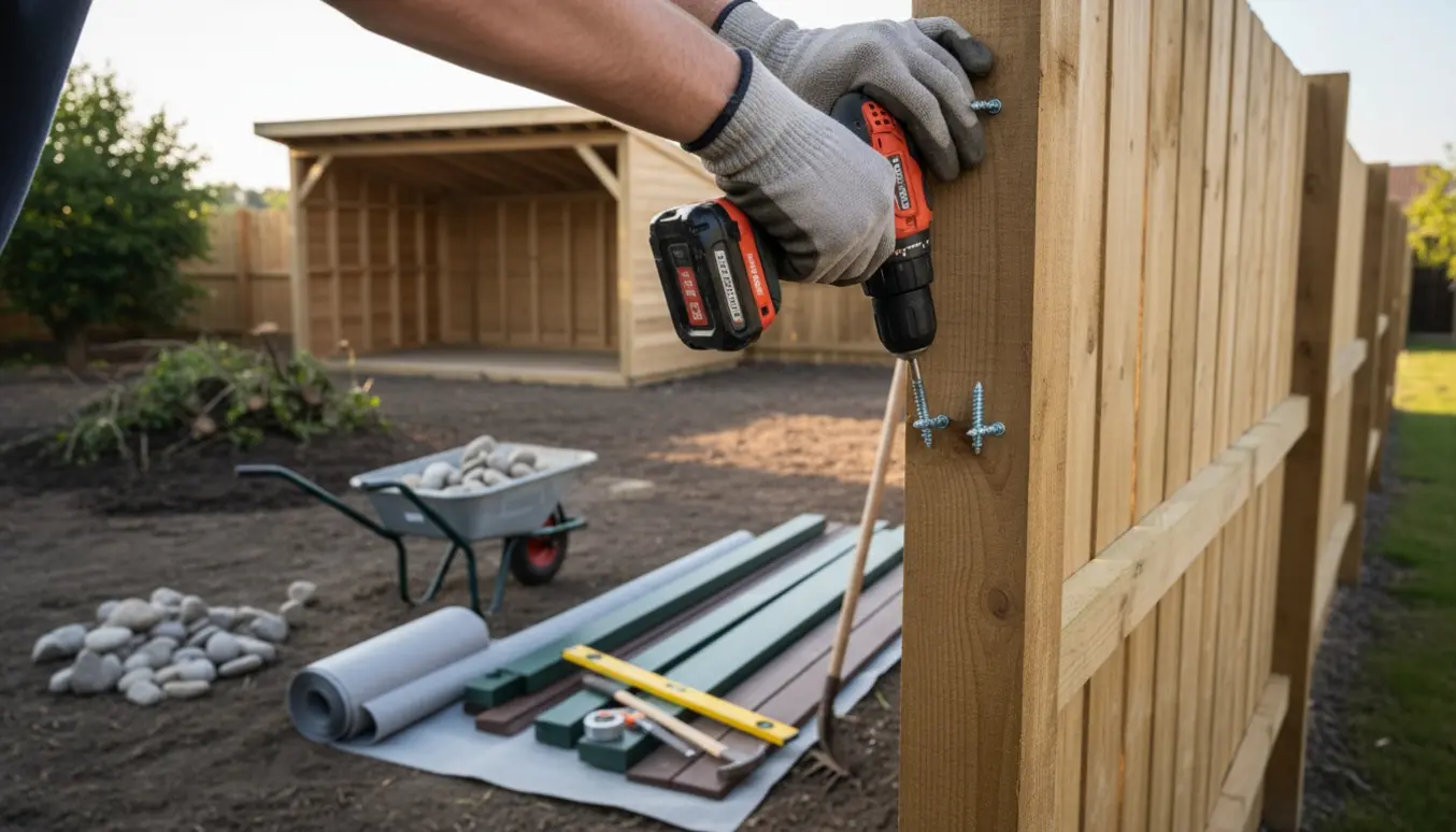 Hænder fastgør nyt træhegn i en baghave med åbent cykelskur og værktøj i baggrunden.