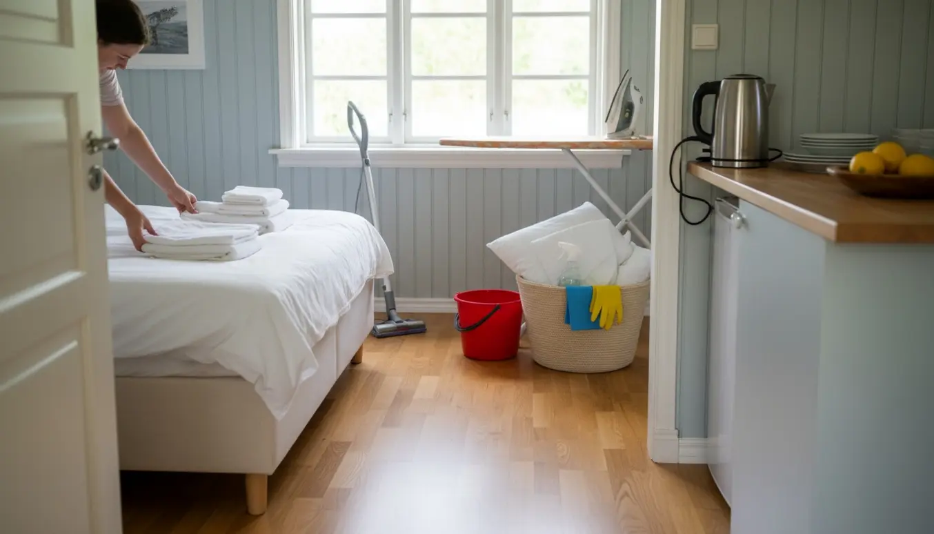 Soloplyst sommerhusinteriør med friskklargjort seng, rene håndklæder og rengøringsudstyr.