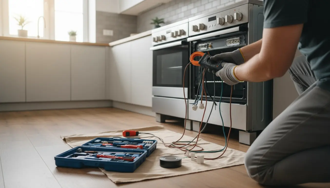 En elektriker tester eltilslutningen til et komfur i et moderne køkken uden at vise ansigtet.