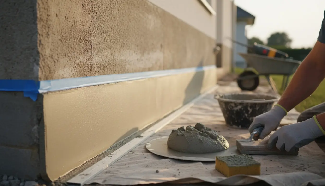 Nærbillede af håndværkerhænder, der pudser en 10 cm høj sokkel med spartel og glatbræt.