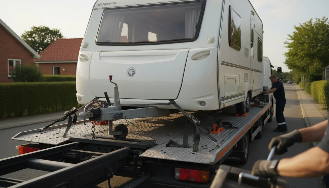 En lastbil transporterer en stor campingvogn på en stille vej, sikret med stropper og hjulkiler.