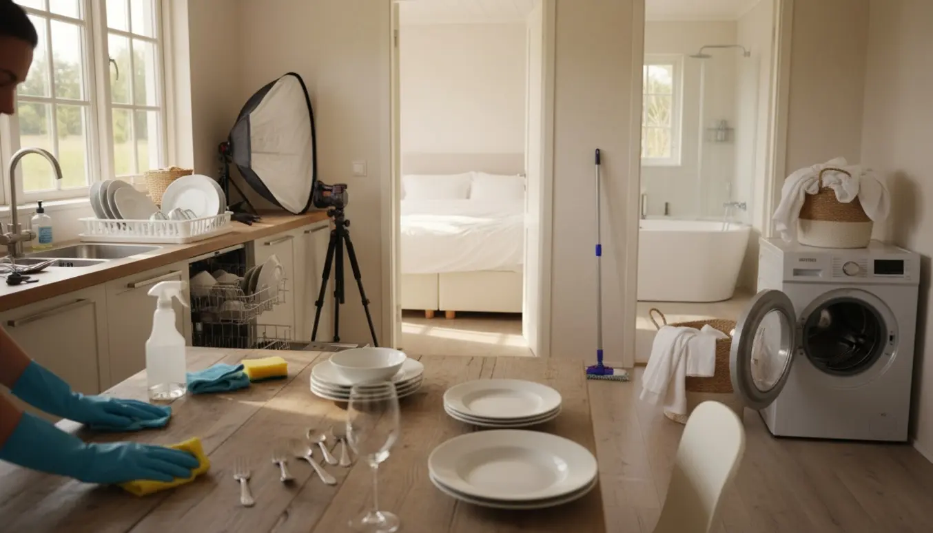 Rengøringsperson gør rent i et sommerhus efter fotoshoot med opvask og vasketøj klar.