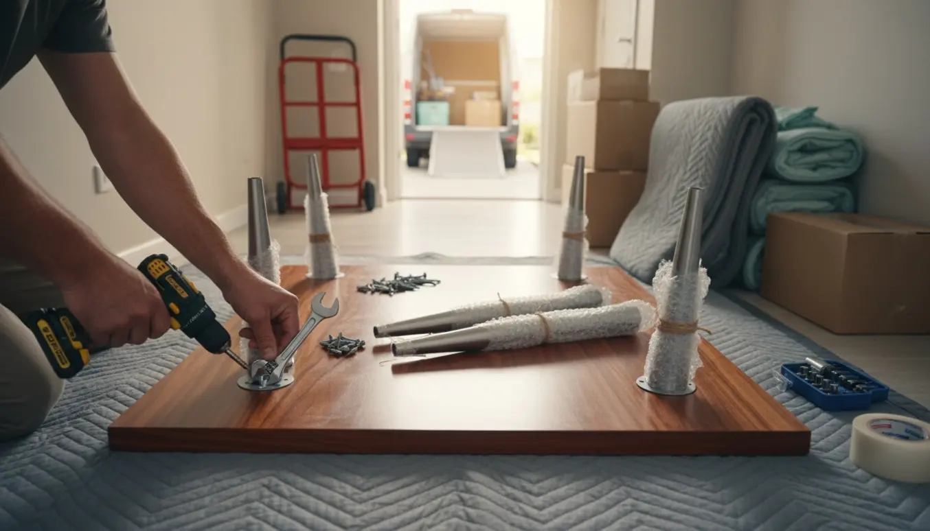 Bord med afmonterede ben og værktøj, klar til flytning.