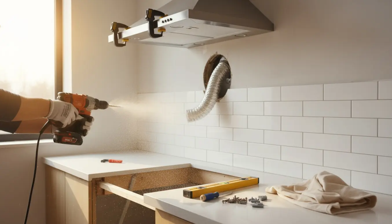Håndværker borer hul i flisevæg for at montere en rustfri emhætte i et lyst køkken.
