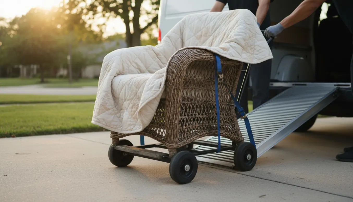 Stor kurvestol pakket i flyttetæpper på en møbelrulle køres op i en varevogn.