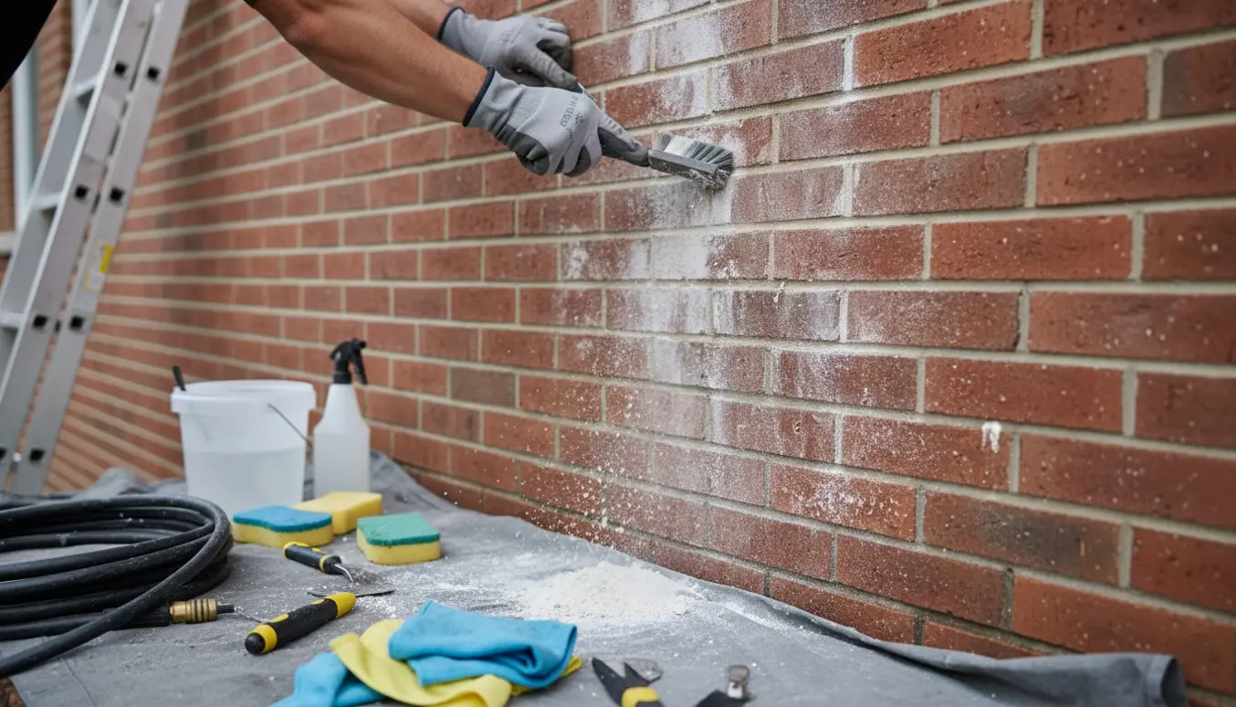Hænder fjerner hvide kalkudfældninger fra en mur af mursten med børste og skraber.