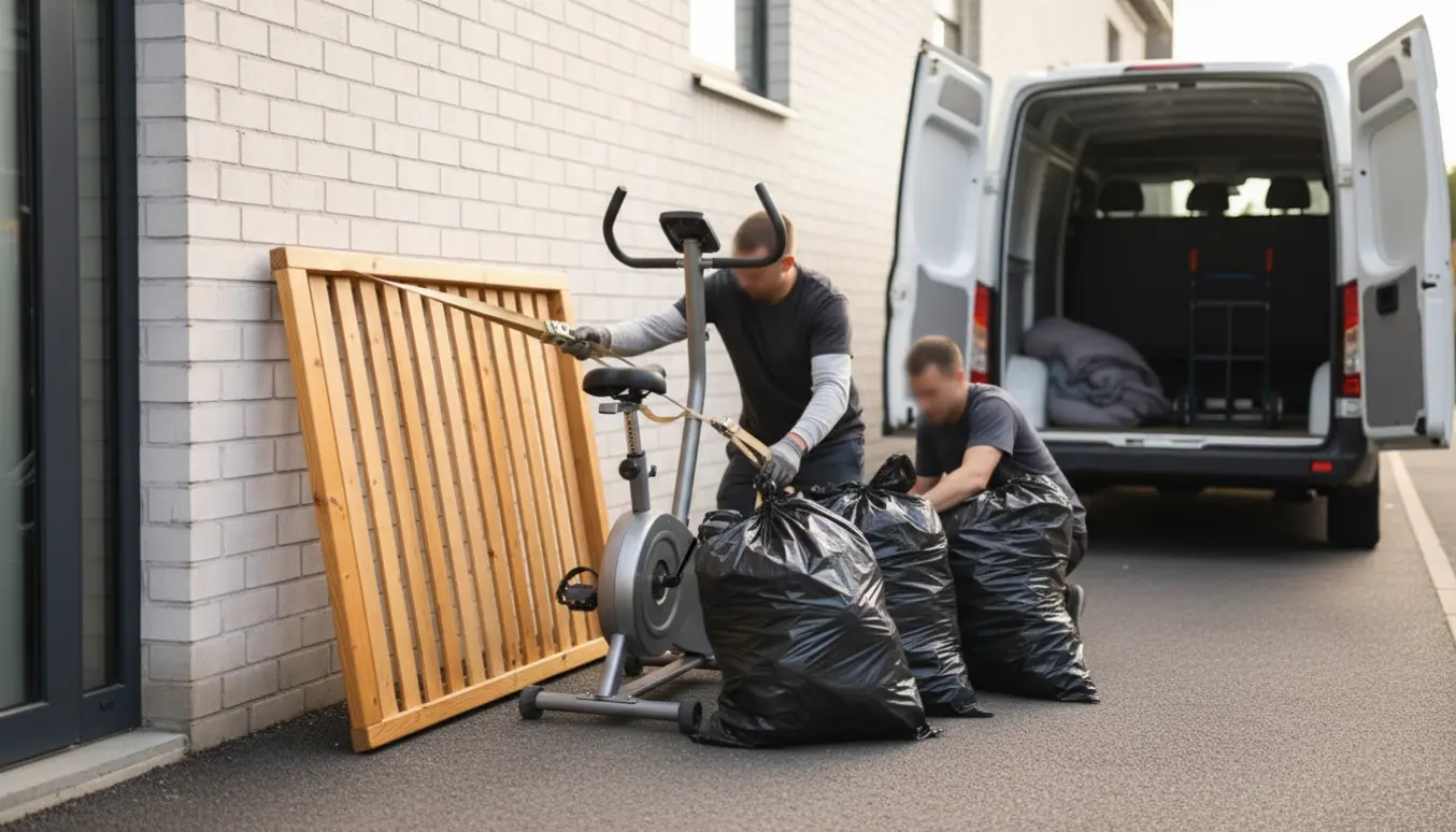Træseng, motionscykel og tre fyldte affaldssække ved en stueetageopgang klar til afhentning.