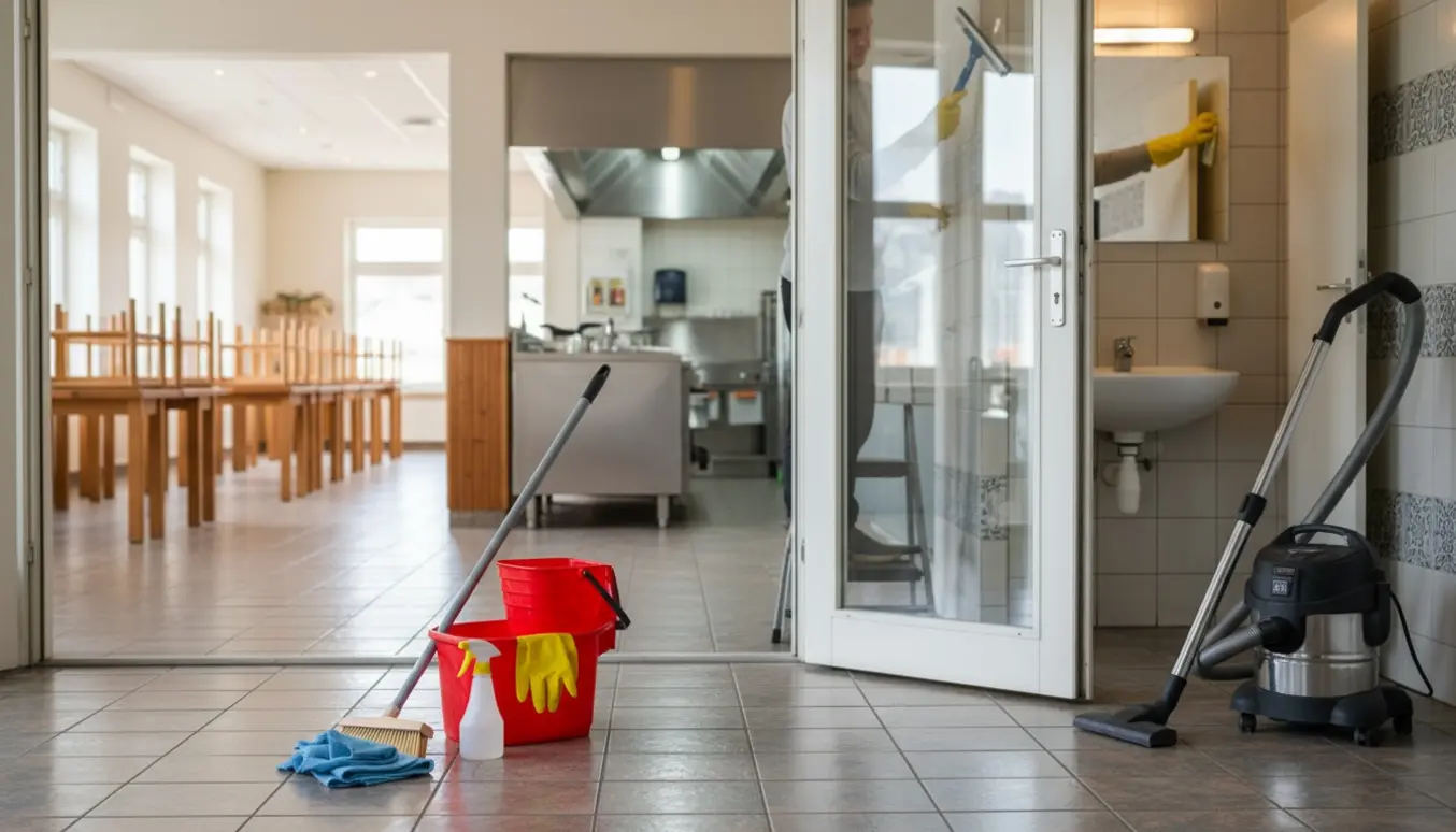 En rengøringsscene i en festsal med klinkegulv, rengøringsudstyr og en person (uden synligt ansigt) pudser glas og spejl.