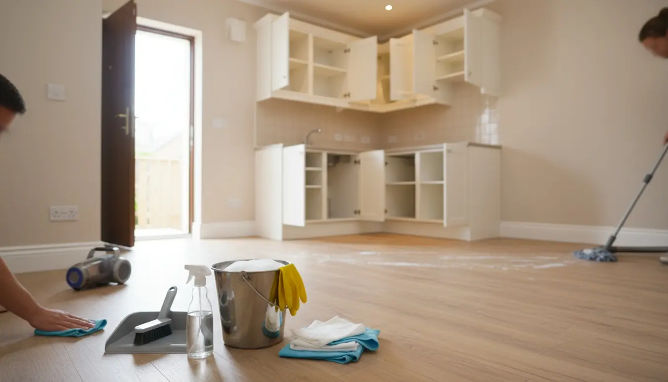 Tomme, nyvaskede rum i en stuelejlighed med rengøringsudstyr klar til flytterengøring.