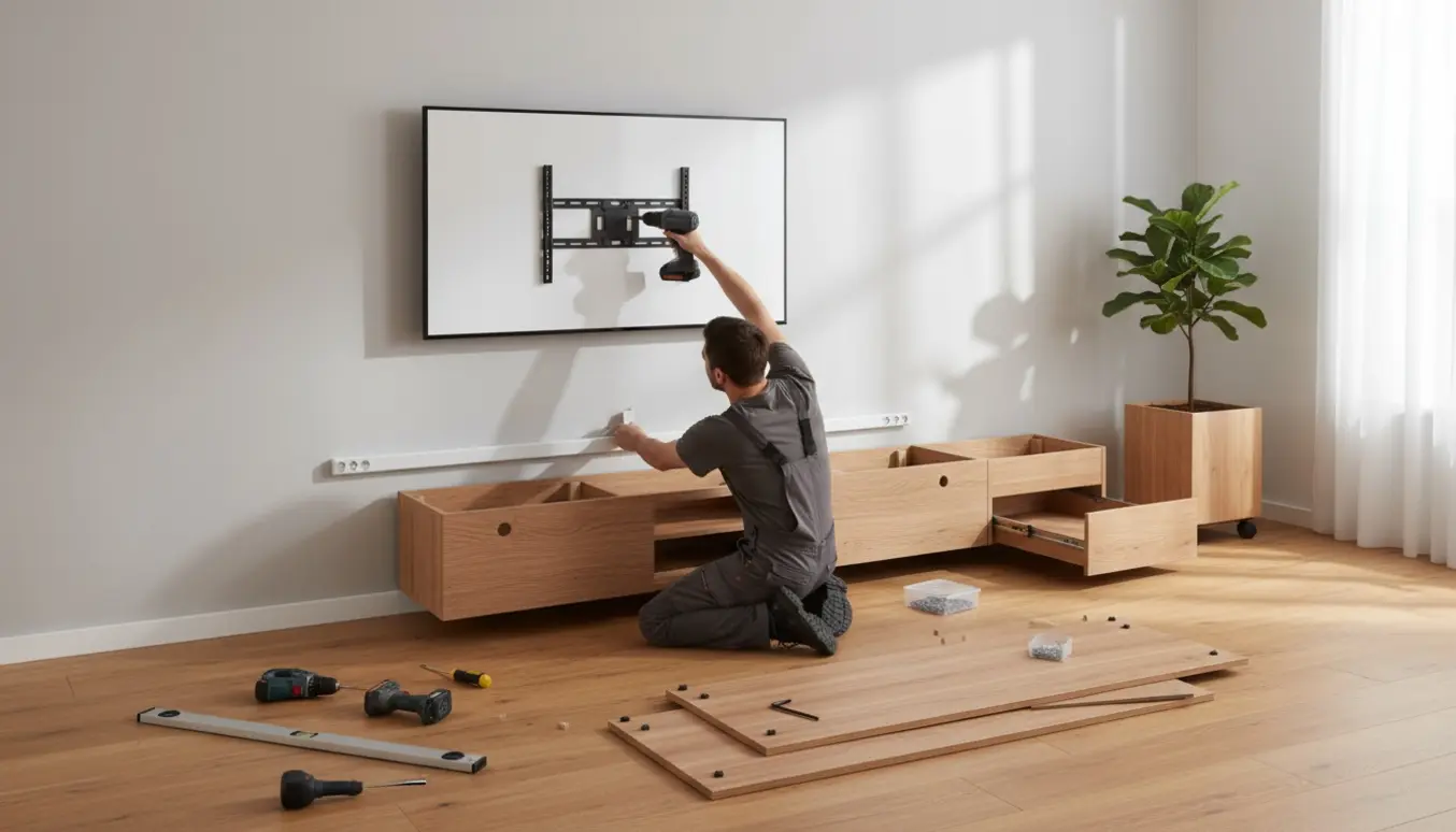 Håndværker monterer et stort fladskærms-tv og samler IKEA-møbler med værktøj i en lys stue.