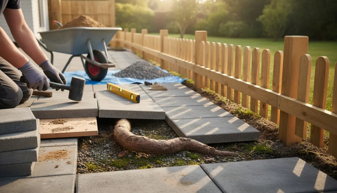 Tre rækker fliser lægges på ny ved et nyt træhegn, med værktøj og en synlig bøgetrærod.