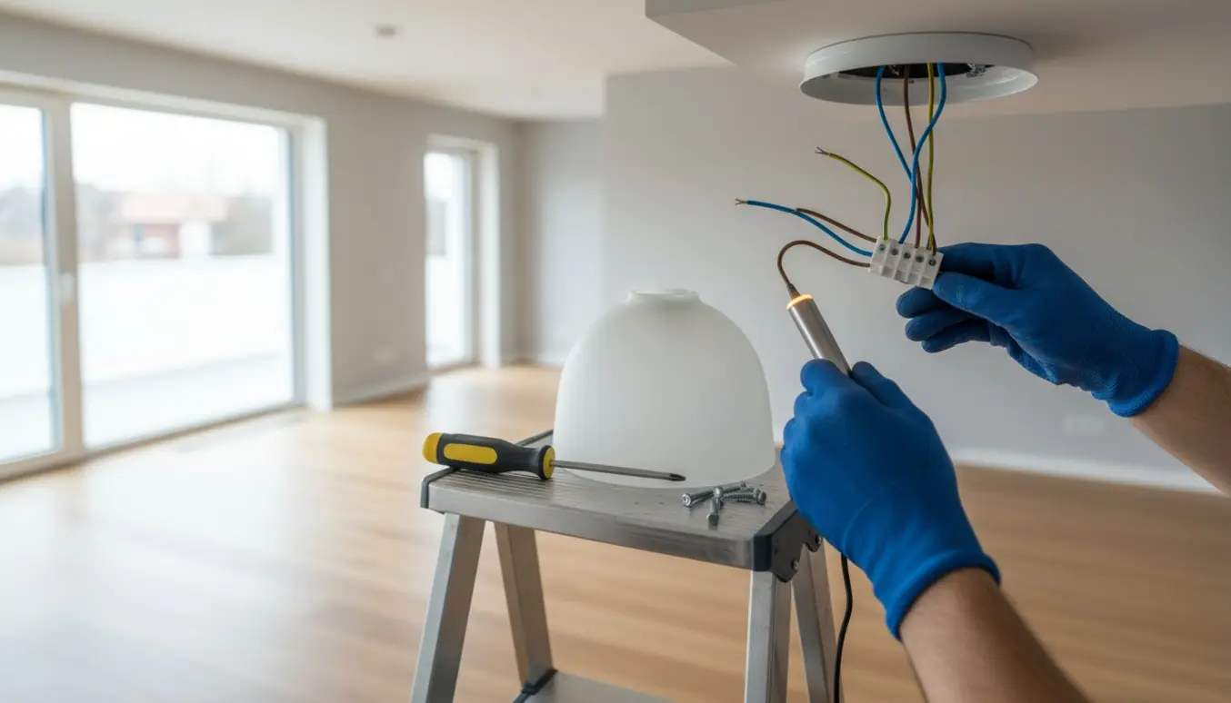 Hænder monterer en loftlampe og tester lampeudtaget med en spændingstester.