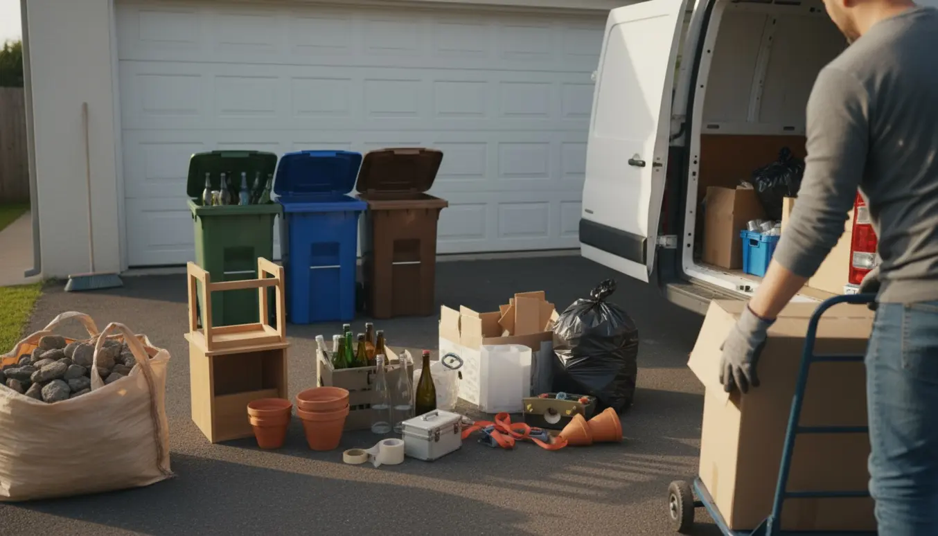 To personer læsser og sorterer blandet affald i en indkørsel ved en varevogn, med farvede genbrugsbeholdere og en stor bigbag med sten ved siden af.