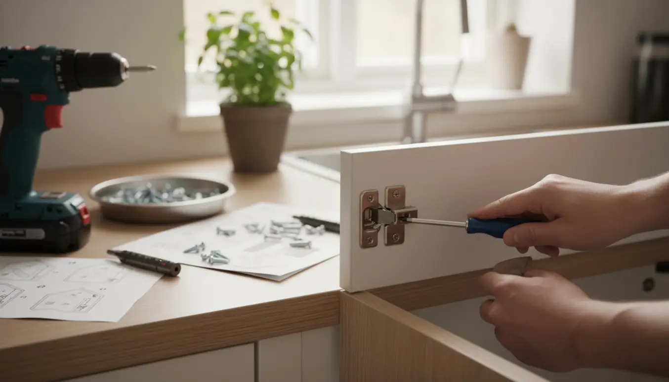Nærbillede af hænder, der monterer en køkkenlåge på et IKEA‑inspireret skab med værktøj på køkkenbordet.