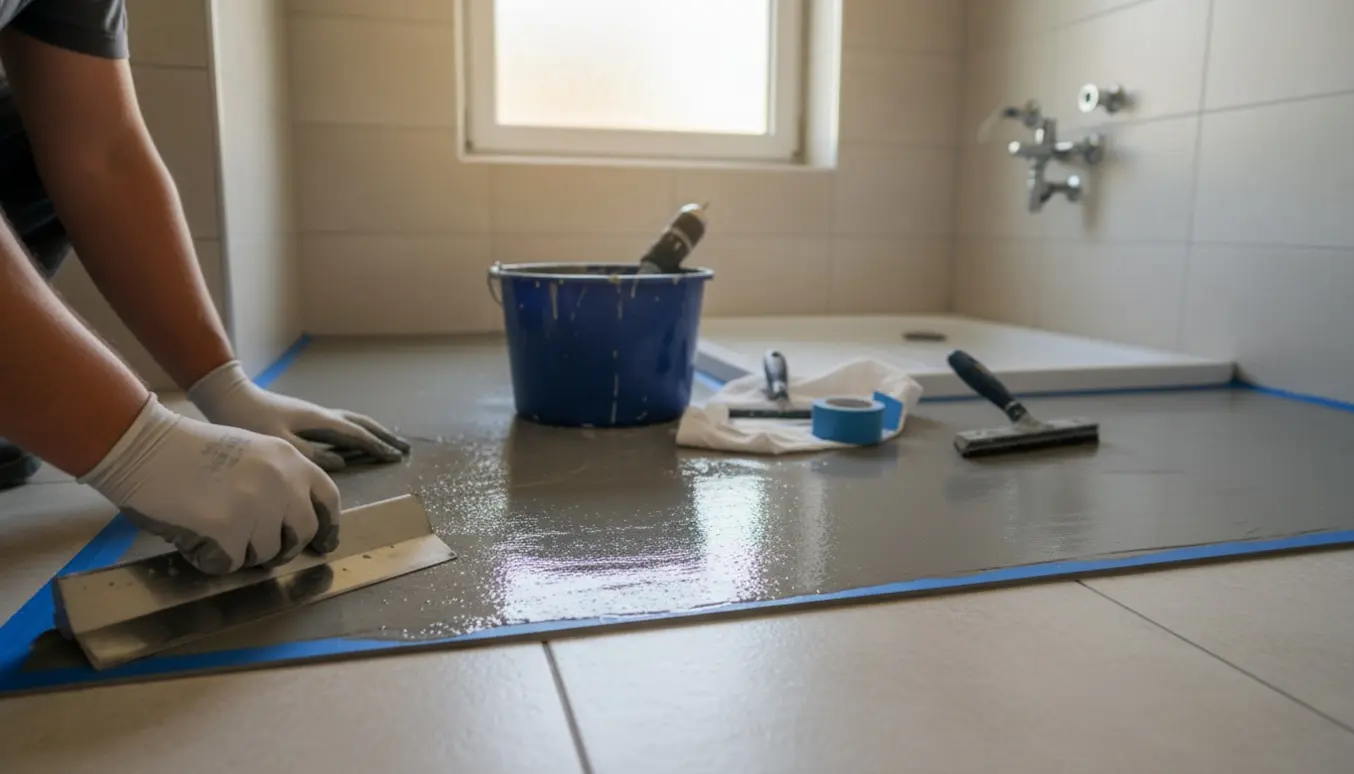 Spartling af lille badeværelsesgulv med våd spartelmasse, spartel og værktøj i et lyst badeværelse.