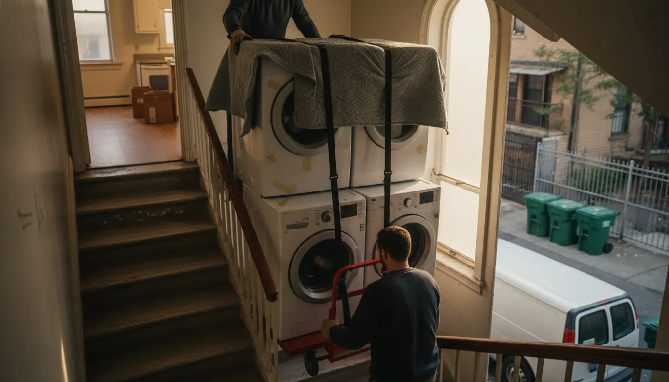 To personer bærer en gammel vaskemaskine og tørretumbler ned ad en trappe mod en ventende varevogn og genbrugscontainere.