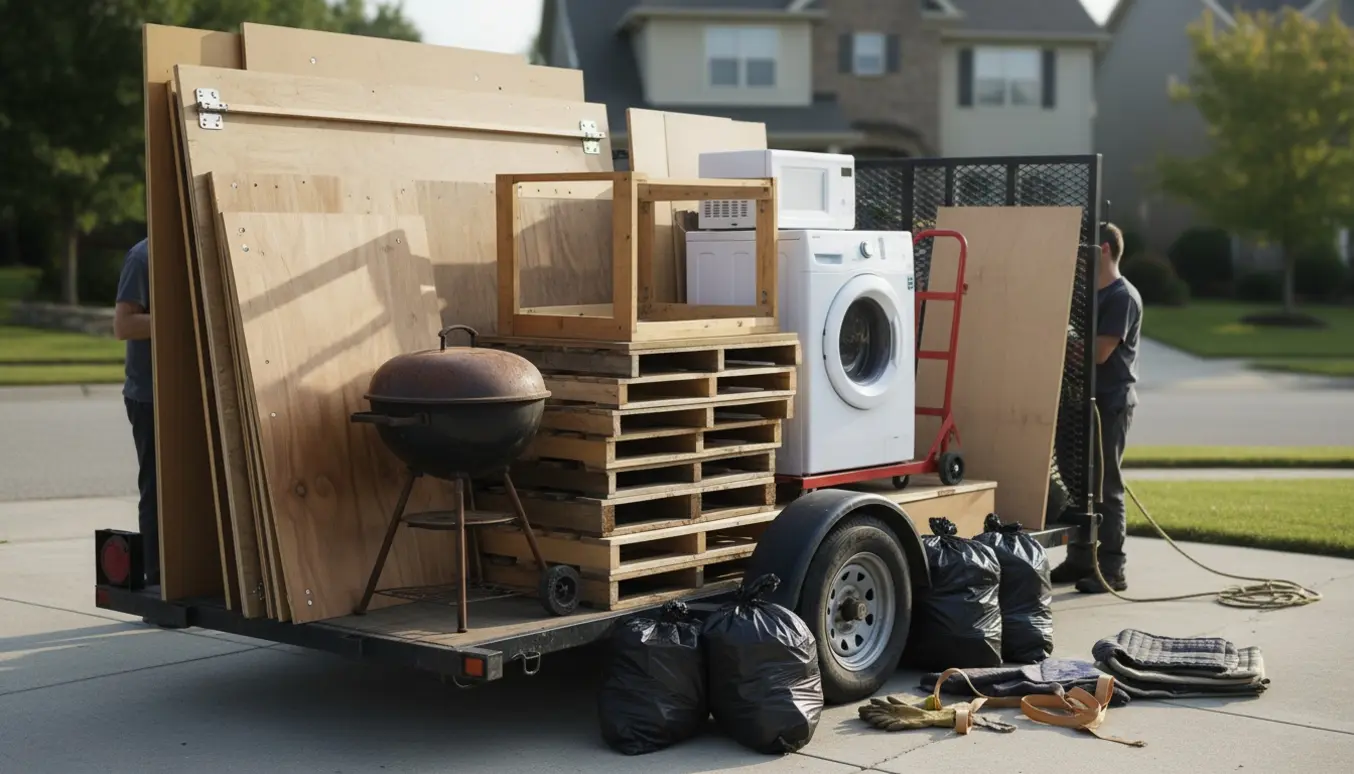 En trailer fyldt med adskilte krydsfiner skabe, vaskemaskine, mikrobølgeovn, paller, skraldsække og havegrill ved en indkørsel.
