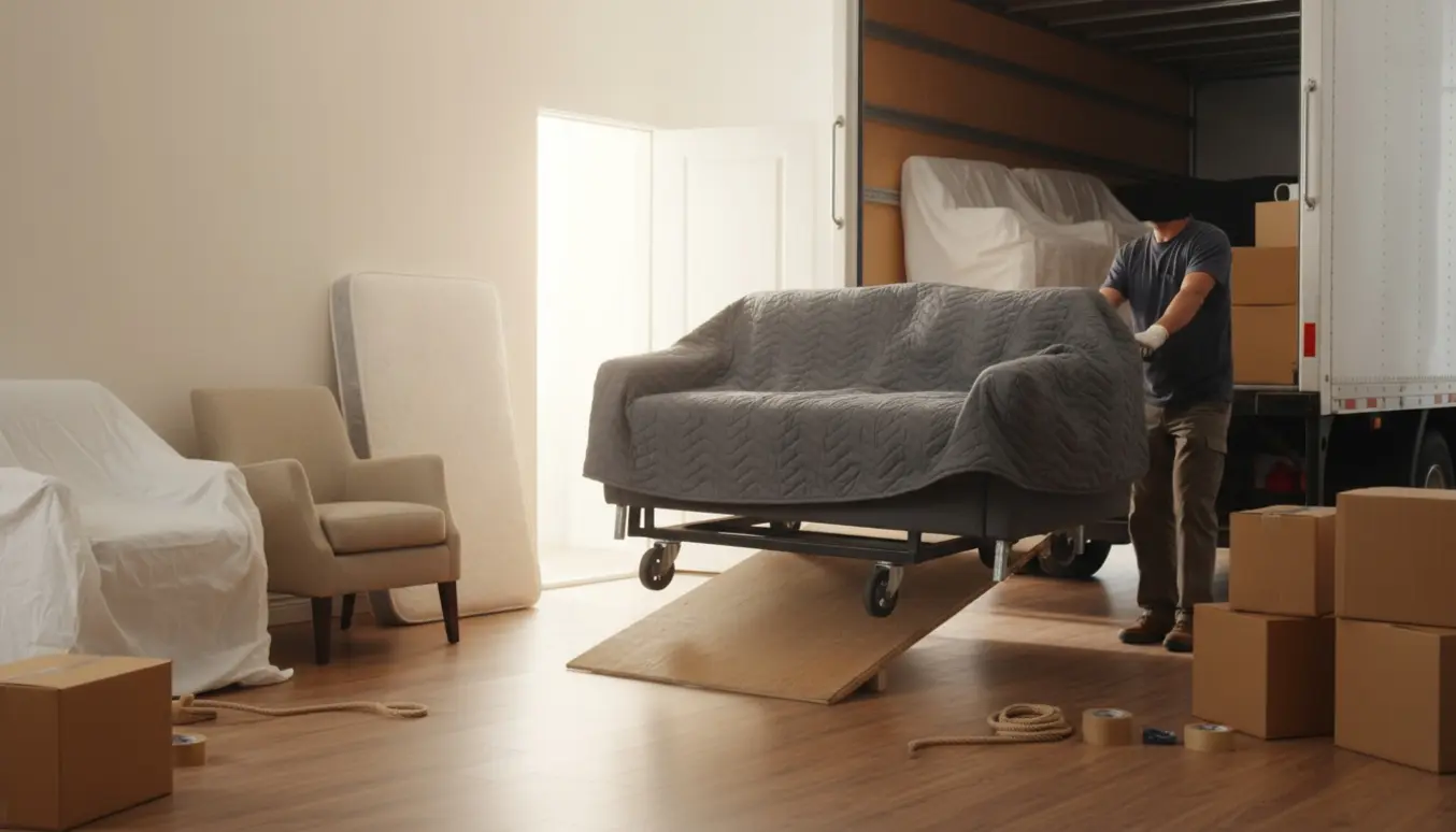 Sofa på dolly trækkes ud af en lejlighed med indpakkede lænestole og seng ved en åben flyttebil.