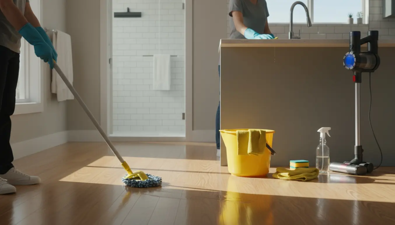 Gloved hænder moppe trægulv og aftørring af køkkenbord i et lyst, nyvasket hjem.