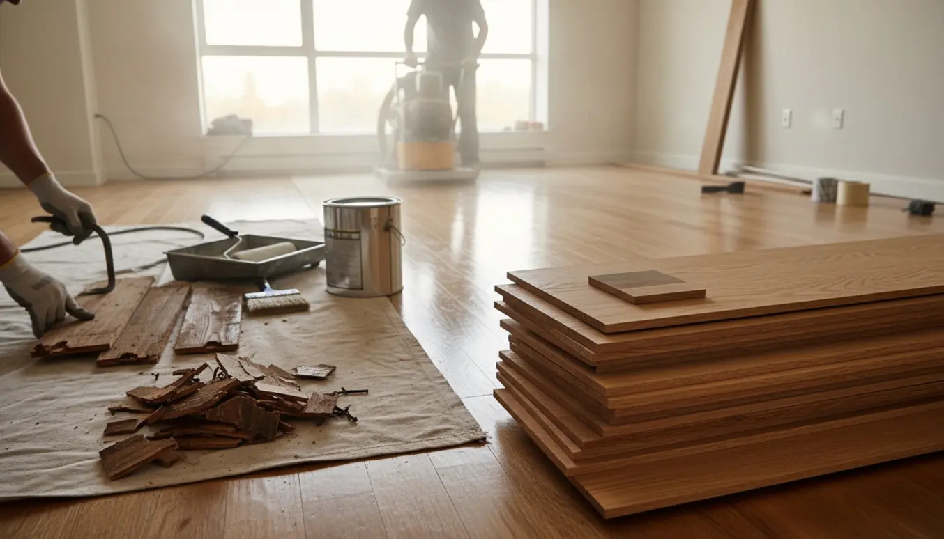 Gulvudskiftning i en lejlighed med nye træplanker, en gulvsliber og lakudstyr i blødt naturligt lys.
