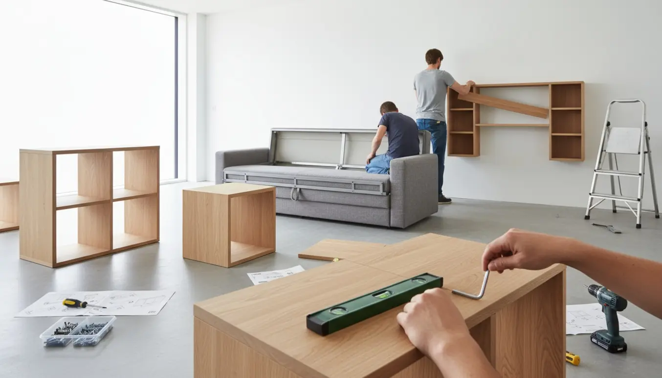 Moderne stue med fire modulære skabe, en folde-sovesofa og værktøj under montage.