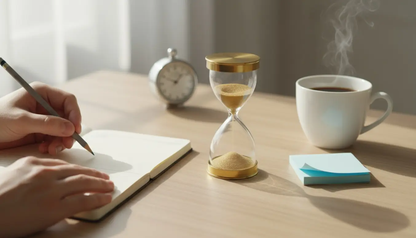 Et timeglas og en åben planlægger på et solbelyst skrivebord ved siden af en kop kaffe — forberedelse til en opgave på omkring 2,5 timer.