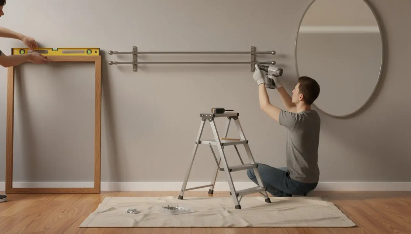 Hænder hænger gardinstænger, et stort oval spejl og et rektangulært billedramme på en neutral væg i et lyst hjem.