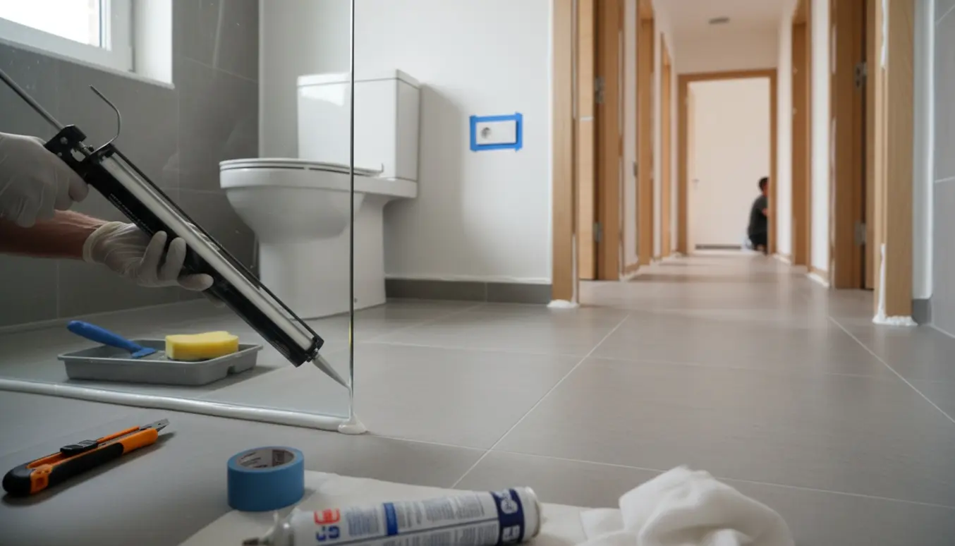 Nærbillede af hænder, der påfører fugemasse langs bruseglas med dørkarme og gulvkanter færdigfuget efter renovering.