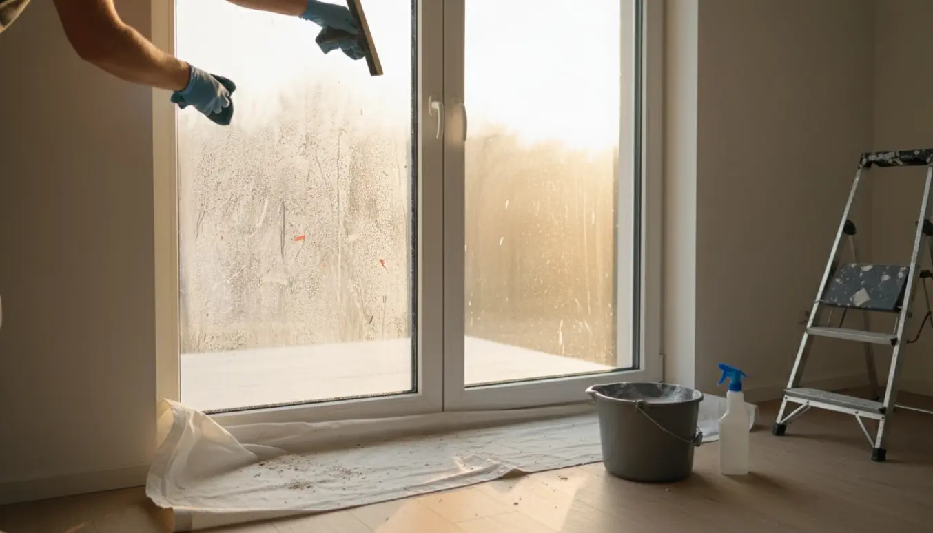 Dobbel terrassedør og vindue bliver vasket efter håndværkerarbejde med gummihandsker og skraber.