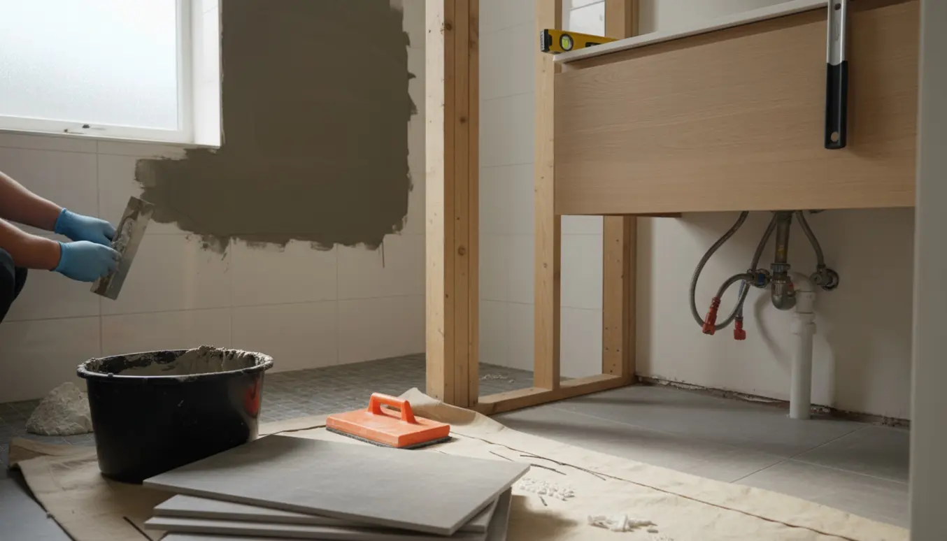 Hænder påfører cementpuds i et badeværelse under renovering med fliser, nyt badeværelsesmøbel og VVS-værktøj.