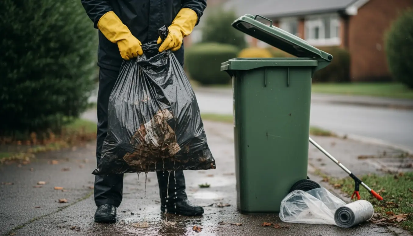 En person i gummihandsker løfter en våd affaldssæk fra fortovet ved en åben skraldespand.