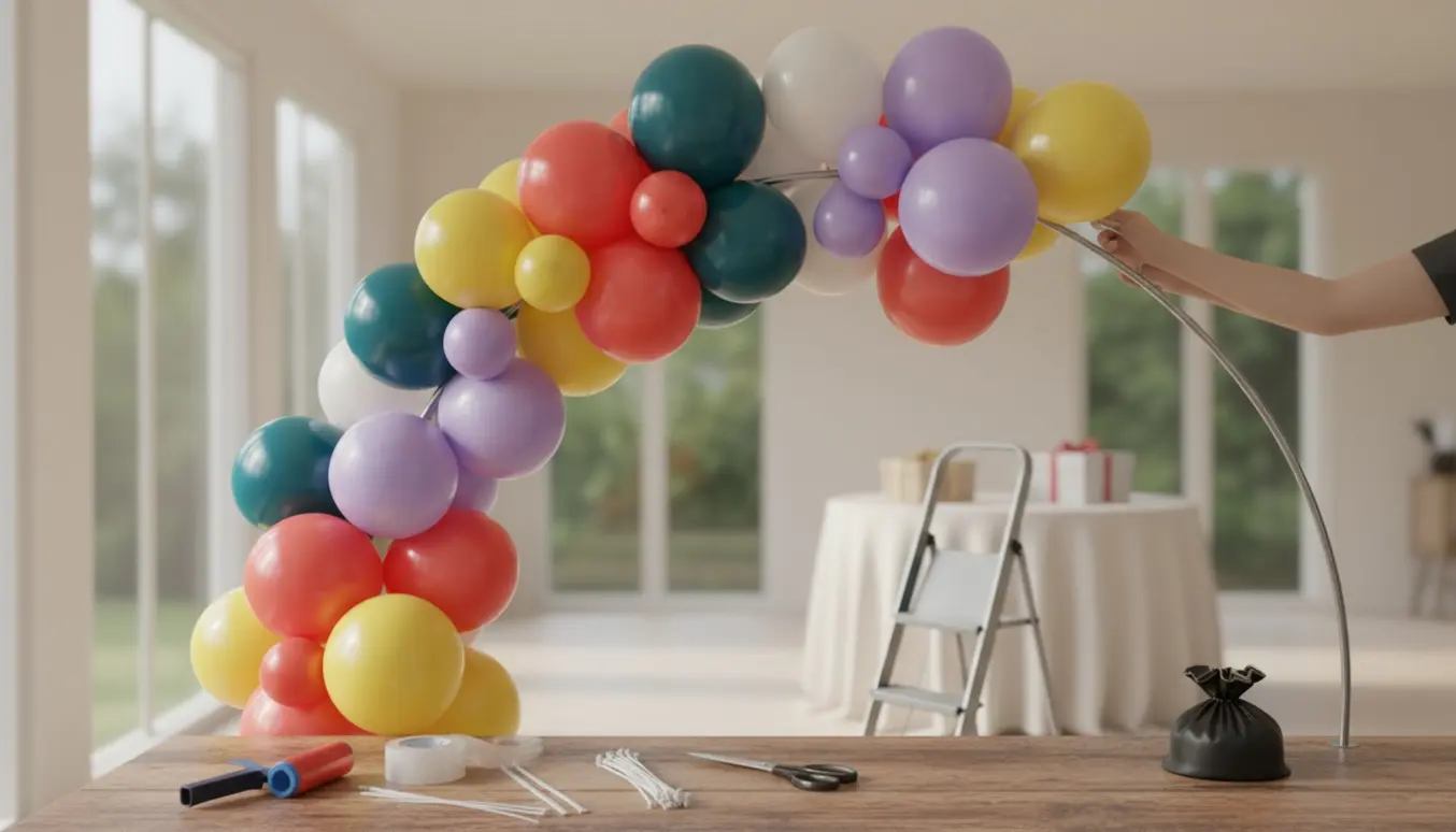Farverig ballonbue sættes op med hænder, pumpe og værktøj i et lyst festlokale.