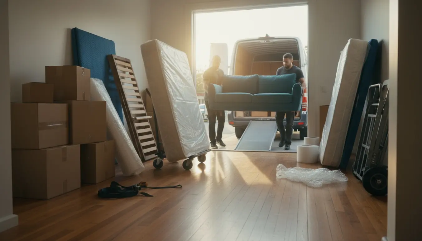 Flyttemænd bærer en sofa ud gennem en soloplyst lejlighedsindgang mod en åben flyttebil.