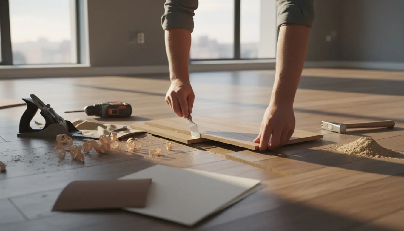 Hænder udskifter et beskadiget trægulv med værktøj og træspåner i et lyst rum.
