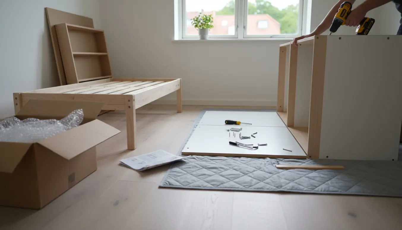 Delvist samlet garderobe og fladpakkede møbler i en lys Aalborg-lejlighed med værktøj og emballage.