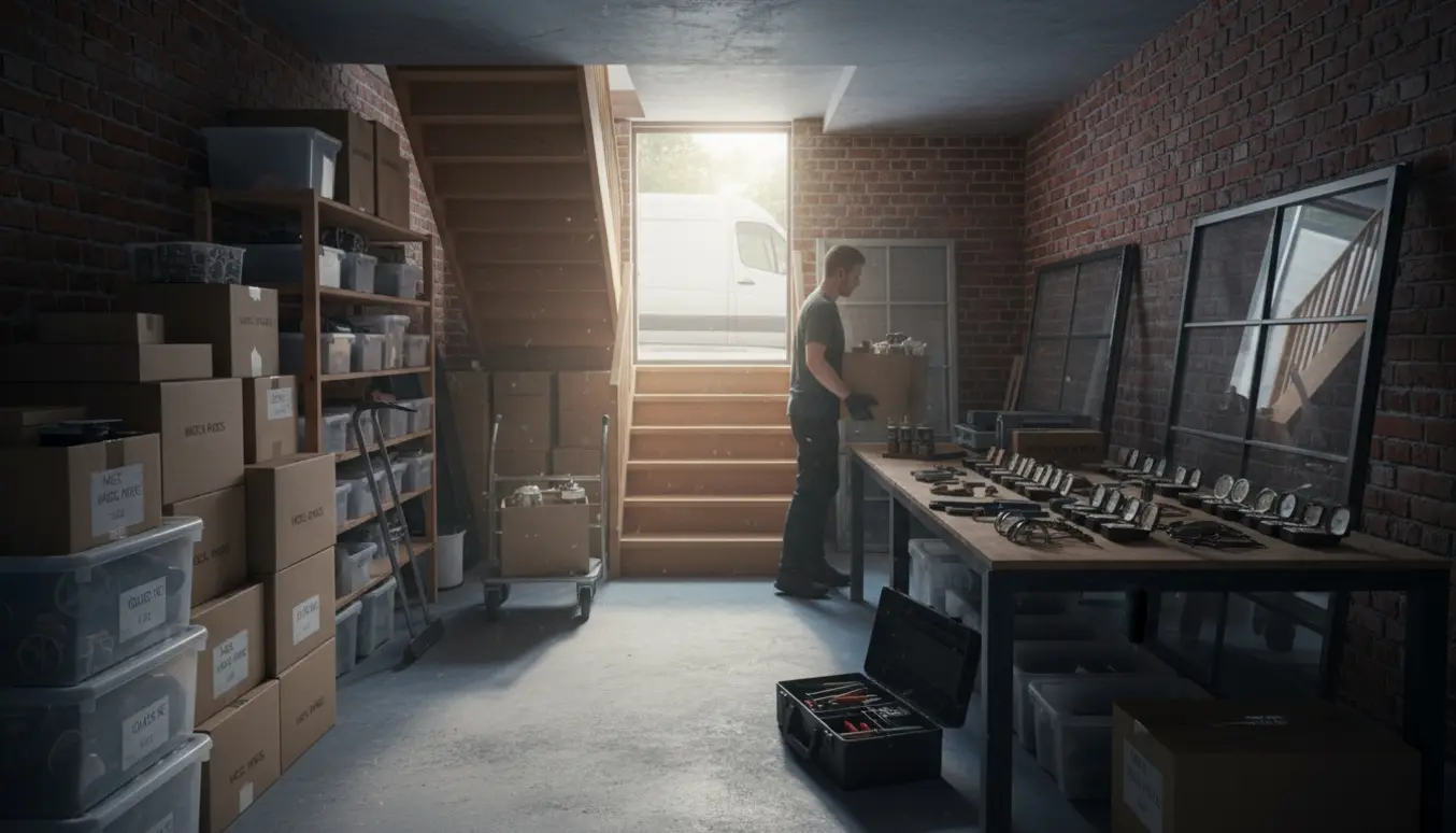 Rydning i en kælder med stabler af kasser, demonterede montre og en åben trailer udenfor.