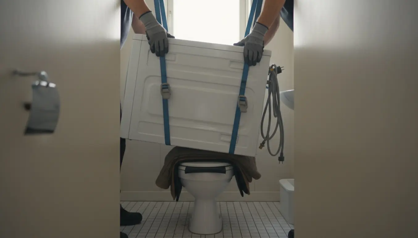 To personer løfter en vaskemaskine over et toilet i et snævert toiletrum for at få den ud.