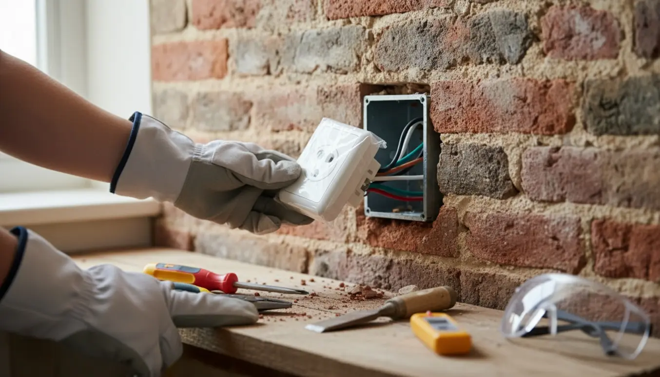 Nærbillede af hænder i arbejdshandsker, der udskifter en defekt stikdåse i en murvæg.