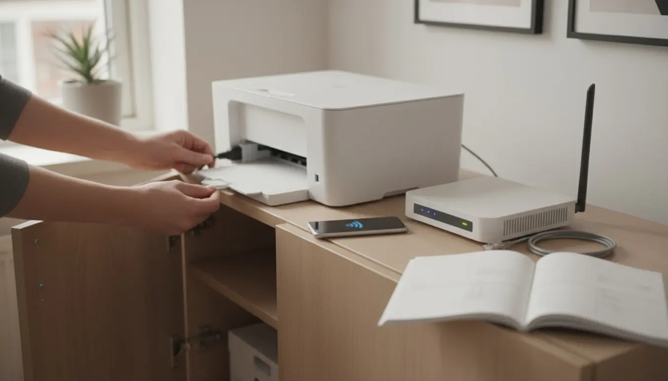 Hænder trækker en kompakt hvid laserprinter ud af et skab for trådløs opsætning med router og smartphone ved siden af.