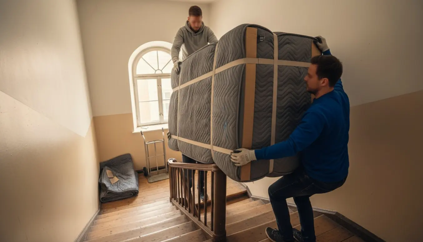 Flyttemænd bærer en indpakket dobbeltseng (140x200) ned ad en smal trappe i en ældre københavnsk opgang.