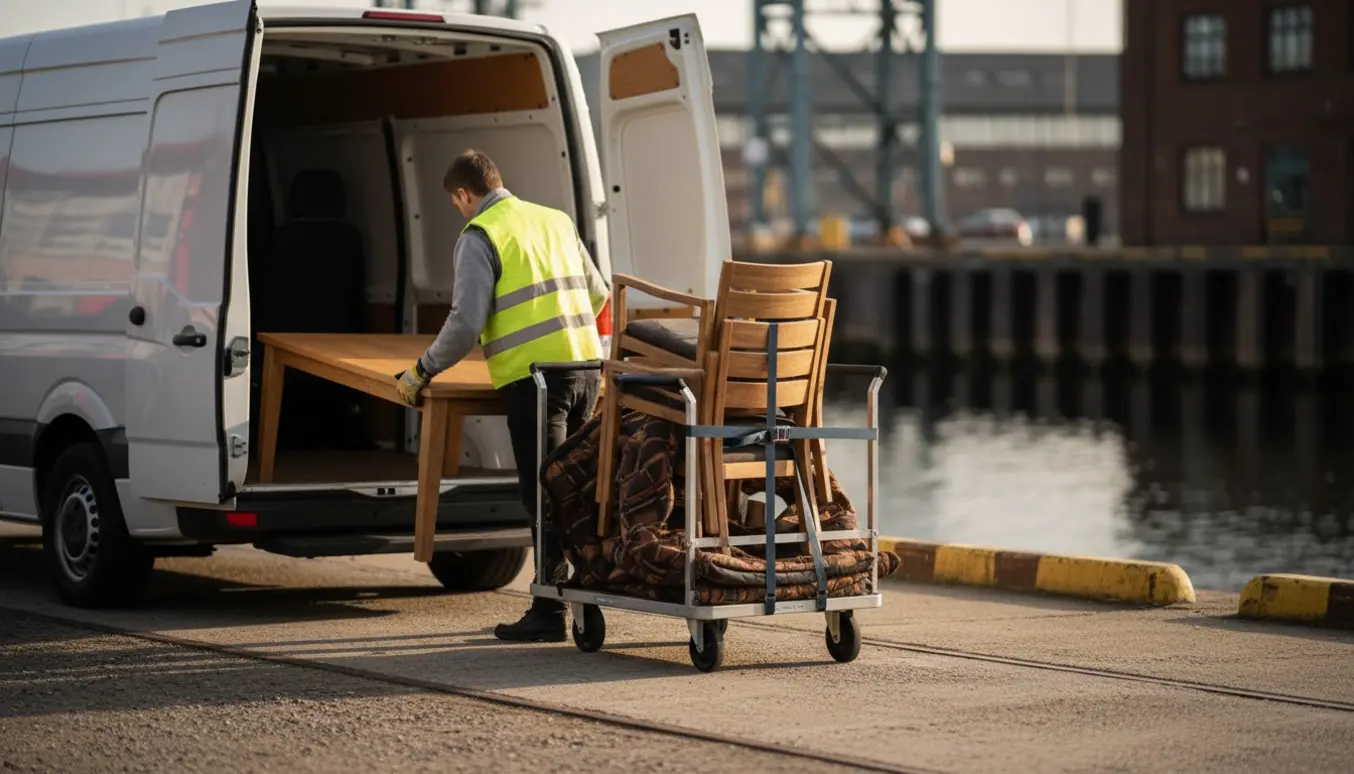 En varebil lastes med et bord og seks stole ved en kaj, en arbejders ryg ses uden tydeligt ansigt.