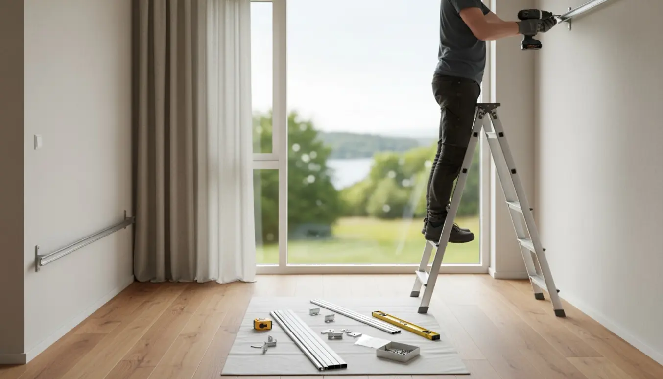 Montering af gardinskinner i en lys skandinavisk stue med værktøj og en person på en stige uden synligt ansigt.