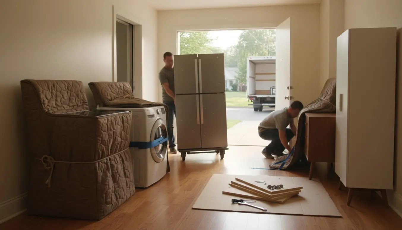 Flyttefolk håndterer køleskab, vaskemaskine, komfur og møbler ved elevator og flyttebil på en stille villavej.