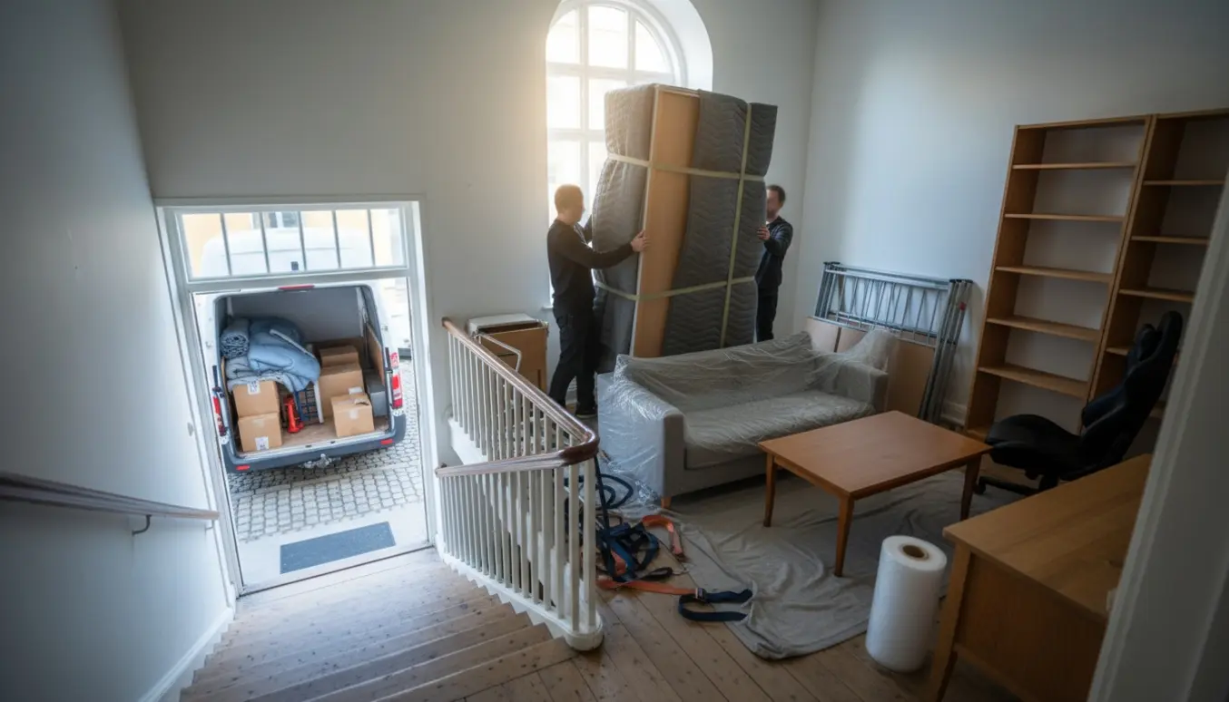 Flyttefolk bærer et garderobeskab op ad en trappe med sofa, skrivebord, seng og reol pakket på reposet.