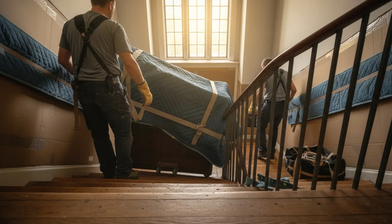 Et tungt klaver trækkes op ad en smal trappe til 3. sal med flytteudstyr og beskyttelse.