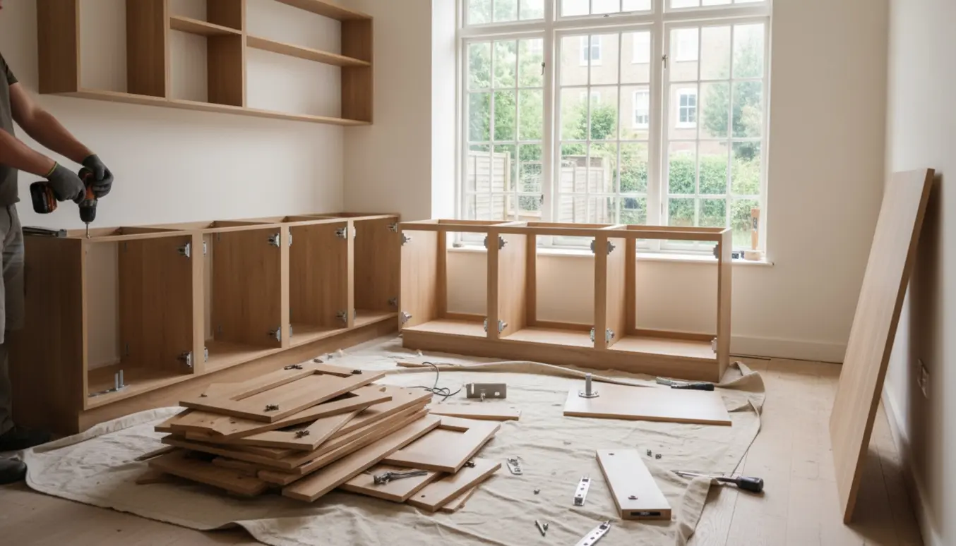 Montering af nye køkkenskabe i et rækkehus med værktøj og afmonterede skabe klar til bortskaffelse.